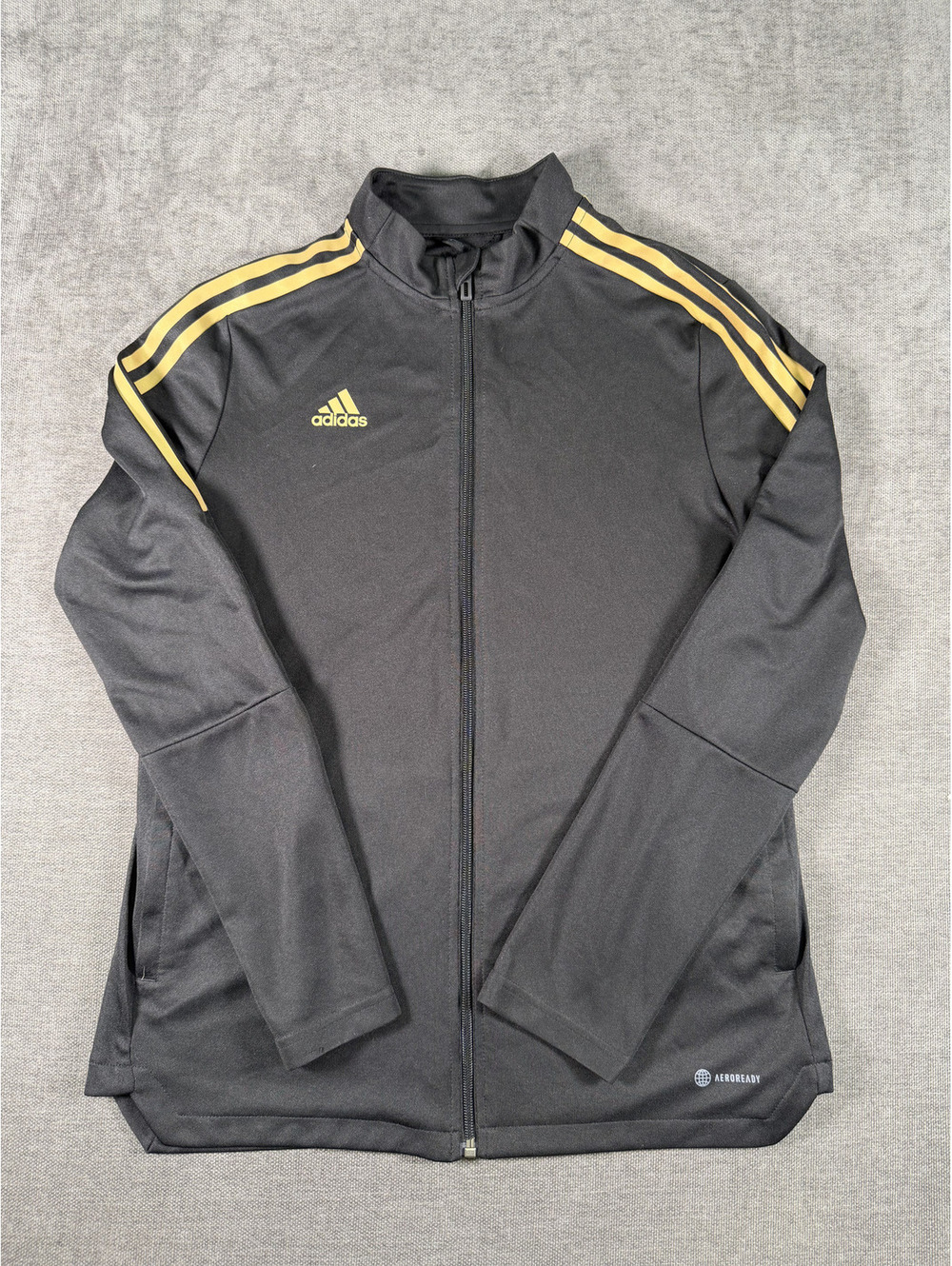 Adidas Men's Black Track Jacket with Gold Stripes Size Youth L (16-18)